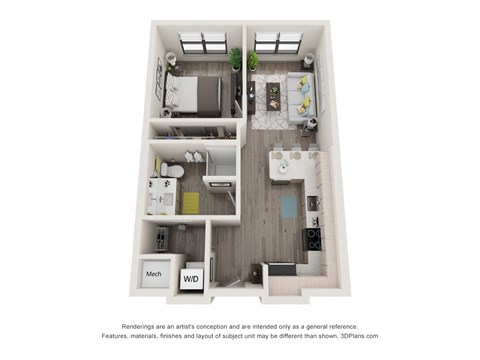 Floor plan for 1 bed, 1 bath, 594 sqft